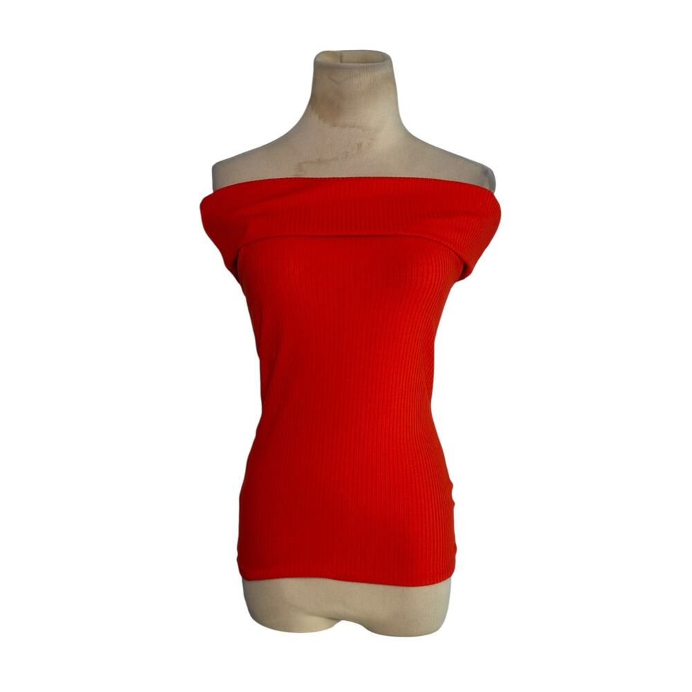 A New Day Red Ribbed Knit Fitted Off the Shoulder Top Size XS